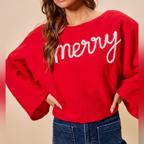 SO ME Tinsel Letters Cozy Christmas Sweater Baggy Top Red 'Merry' Text size Smal - Picture 9 of 11